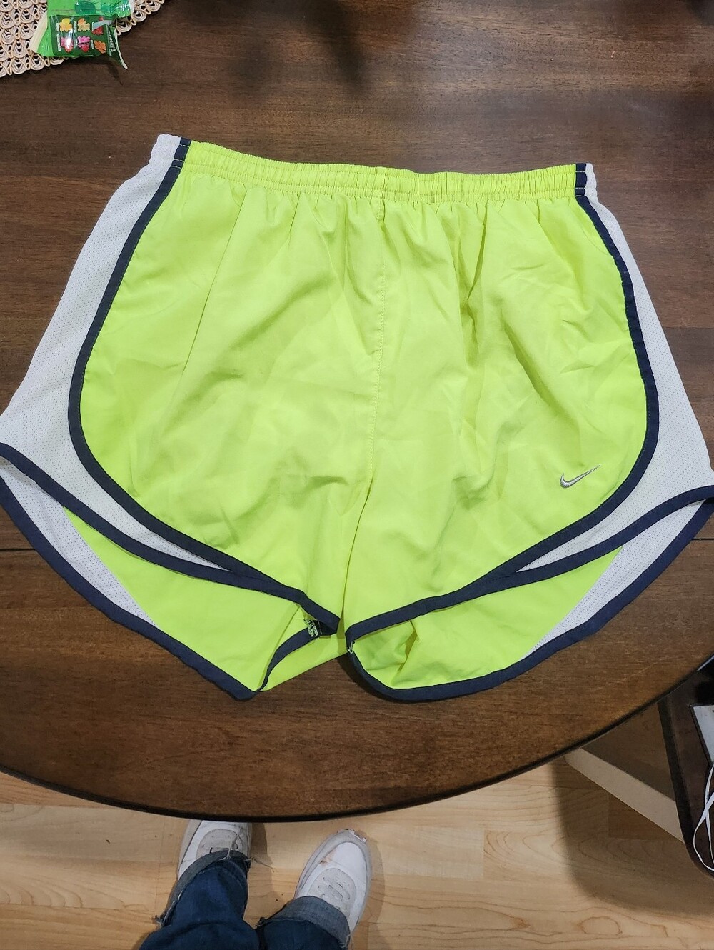 Nike Women’s Neon Yellow Athletic Running Shorts with Navy Trim